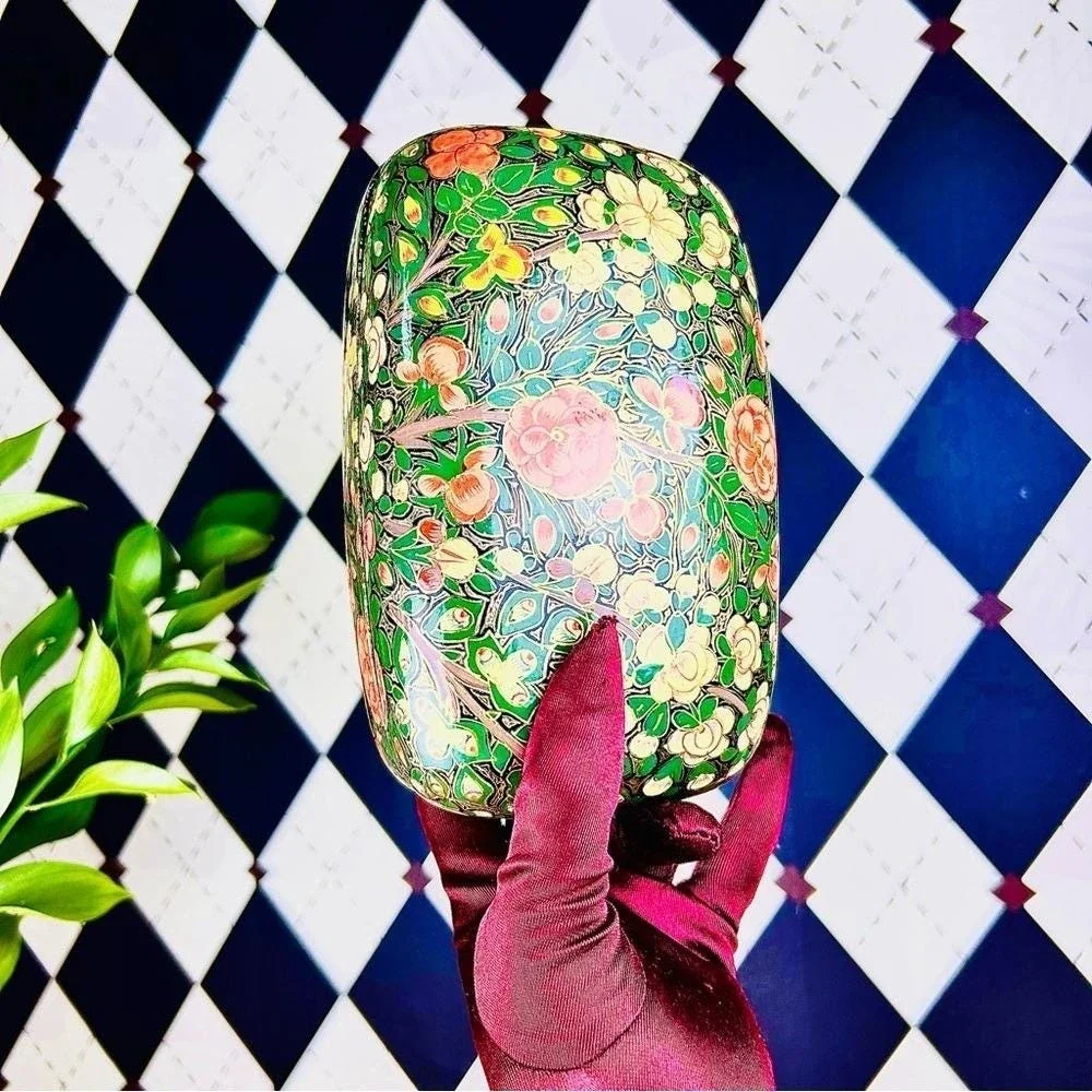 Boho Lacquer Lidded Box Handpainted Kashmiri: Florals‎ Gold, Red Green India 7